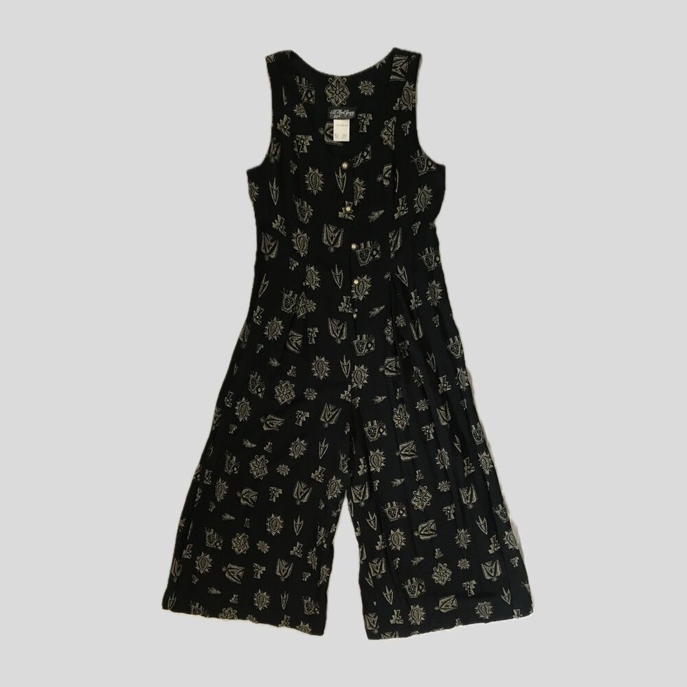 Vintage 90s All That Jazz Black Sleeveless Geometric Print Wide Leg Jumpsuit M/L